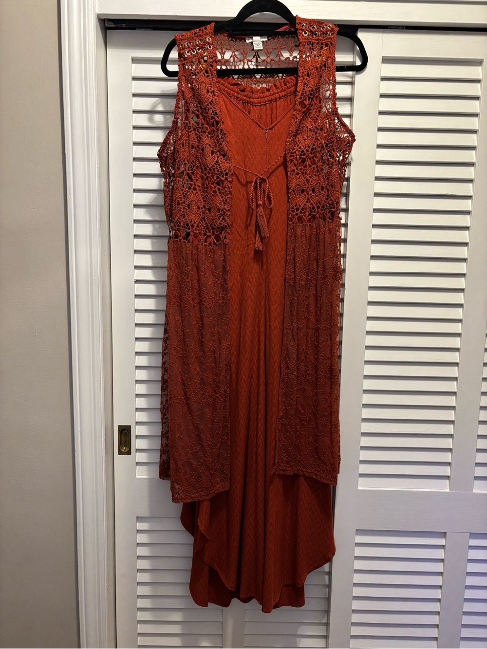 Cato Rust-Orange Halter Wide-Leg Jumpsuit with crochet & lace long vest